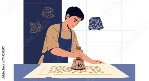 Illustrative depiction of a craftsperson diligently creating intricate designs with a stamp tool