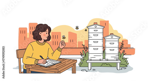 Illustrative depiction of a beekeeper studying bees near hives in an urban environment