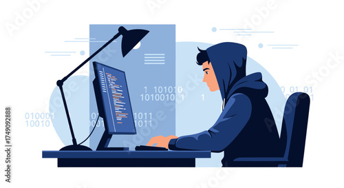 Illustrative depiction of a hooded individual coding at a computer workstation