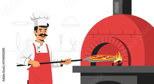 Illustrative depiction of a pizza chef placing a pizza in a traditional wood-fired oven