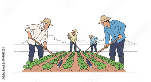 Illustrative depiction of farmworkers cultivating crops in a rural agricultural field scene