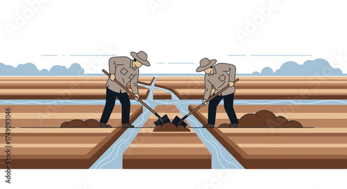Illustrative depiction of rice farmers working in a flooded paddy field preparing the soil and