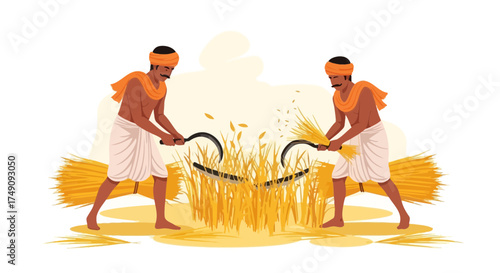 Illustrative depiction of rural indian agriculture with farmers harvesting wheat crop