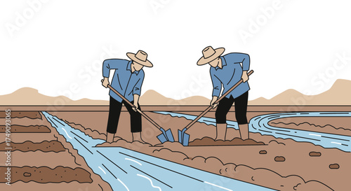 Illustrative depiction of two farmers working together in a field irrigating with shovels