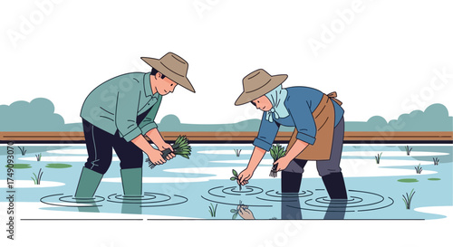 Illustrative Depiction of Two Farmers Planting Rice Seedlings in a Flooded Paddy Field in Asia