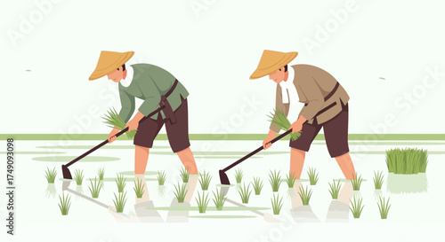 Illustrative depiction of two traditional farmers planting rice in a serene paddy field