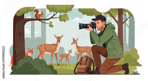 Illustrative vector of a wildlife photographer capturing deer in a peaceful forest scene