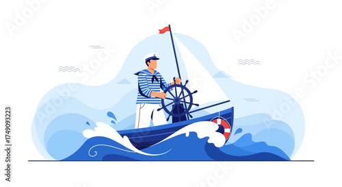 Illustrative vector of a sailor navigating a boat on a wavy sea with a nautical theme