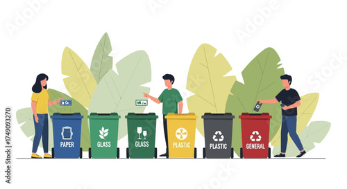 Illustrative vector of people sorting waste into different colored recycling bins promoting