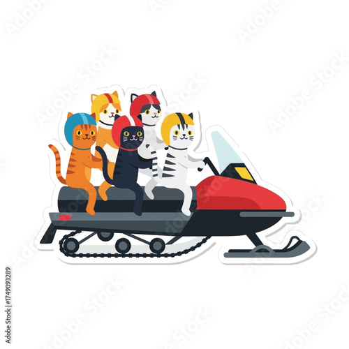 A group of cartoon cats riding a red snowmobile together, enjoying a winter adventure.