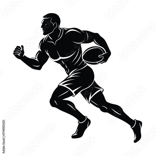 Silhouette of a muscular rugby player running action