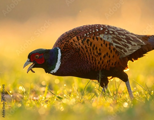 A close-up showcases a vibrantly colored bird, speckled with brown and tan, opening its beak in a grassy field illuminated by warm, golden light