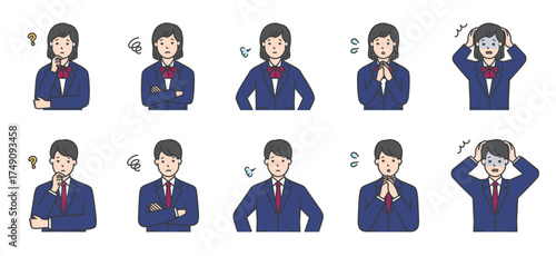 制服姿の女子学生と男子学生の上半身イラスト素材セット
