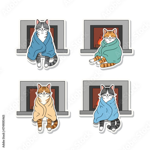Four cartoon cats wrapped in blankets sit in front of fireplaces, exuding warmth and comfort.