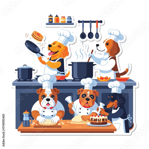 Cartoon dogs wearing chef hats and aprons are cooking and baking in a kitchen setting.