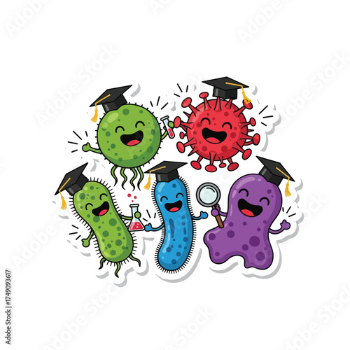 Cartoon microorganisms celebrating graduation, holding scientific tools, and wearing mortarboards.