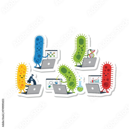Cartoon bacteria characters working on laptops, conducting experiments, and analyzing data.