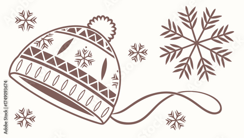 Illustration of a knitted winter hat with a pompom and snowflakes, against a plain background.