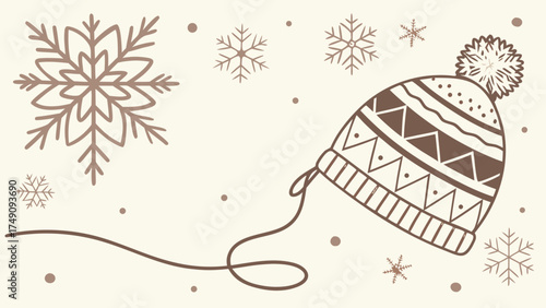 Winter themed illustration featuring a knitted hat with a pompom and snowflakes on a light background.