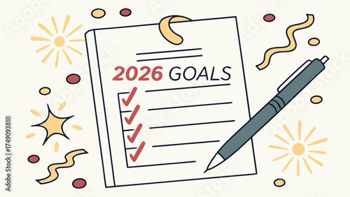Illustrated notepad with "2026 Goals" and checkmarks, accompanied by a pen and celebratory confetti.