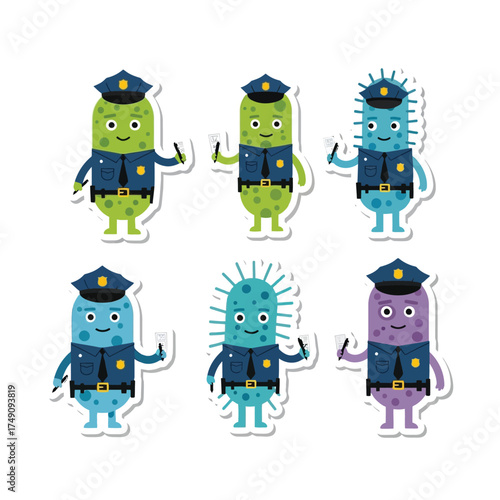 Six cartoon bacteria characters dressed as police officers holding tickets, arranged on a white background.