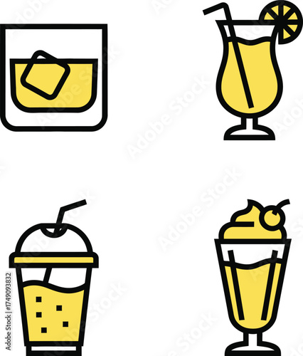 Four yellow drinks icons featuring cocktails and smoothies