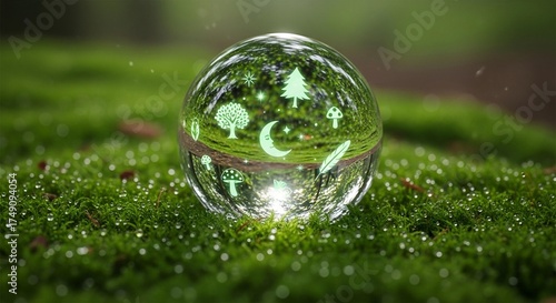 Crystal Glass Sphere Resting on Green Grass with Nature Reflection