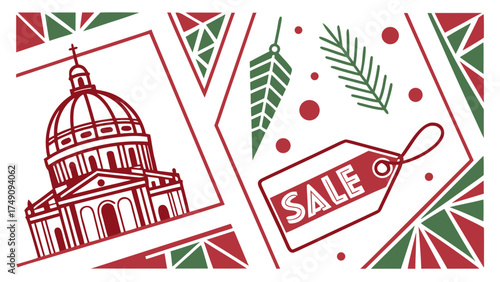 Christmas sale graphic featuring a church, ornaments, and a sale tag, all in a festive red and green color scheme.