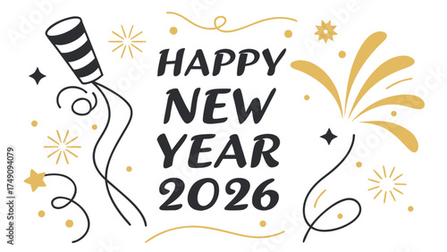 Happy New Year 2026 graphic with a party popper, fireworks, and decorative swirls on a white background.