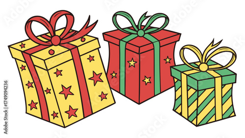 Three colorful gift boxes with ribbons, decorated with stars, ready to be given.