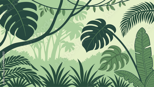 Illustration of a lush, green jungle scene with various tropical plants, leaves, and trees in a layered, stylized design.