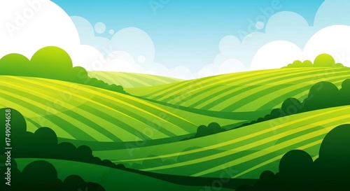 Sunny Green Agricultural Landscape with Rolling Fields and Blue Sky