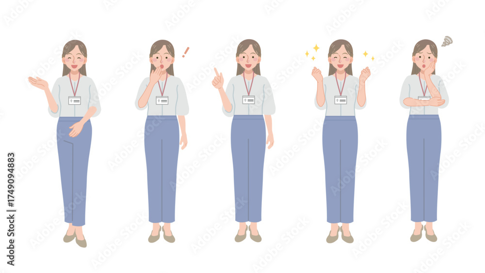 Obraz premium 女性社員の様々なポーズのイラストセット