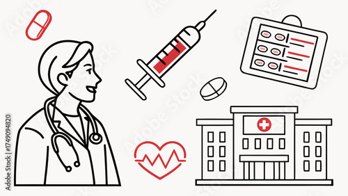 Illustration of a doctor, hospital, syringe, pills, clipboard, and heart rate symbol, representing healthcare and medicine.