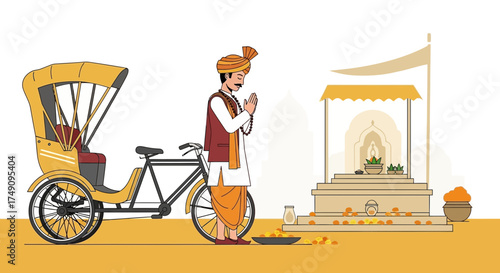 Indian rickshaw driver offering prayers at a temple illustration for cultural celebration