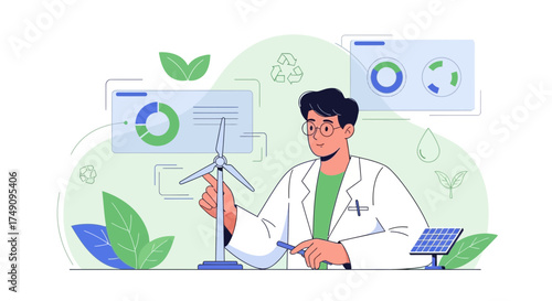 Innovating sustainable solutions researcher examining wind turbine and solar panel technology