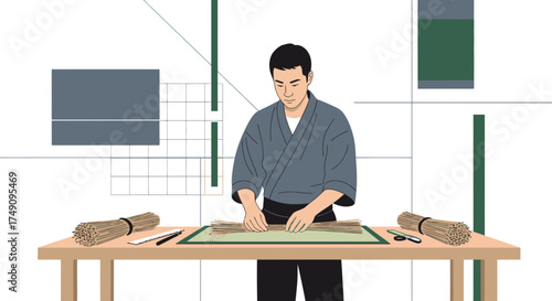 Japanese artisan meticulously arranging bamboo sticks for craft or traditional art project