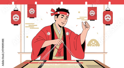 Japanese artisan weaving on a traditional loom under the glow of festive paper lanterns creates a