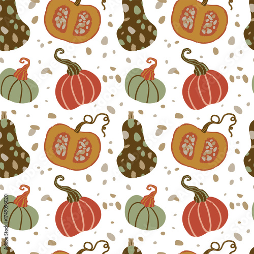 Vector seamless pattern of different pumpkins with leaves on white background, good for design, cards, autumn posters, packaging, Thanksgiving, Halloween.