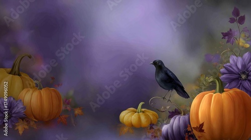 A black bird is perched on a pumpkin among other pumpkins