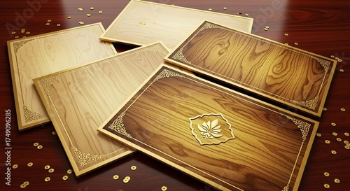 A collection of beautifully designed wooden invitation cards with intricate borders and floral motifs.