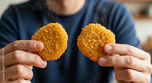 Crispy Golden Fried Snack Held in Hands Food Close Up Photography