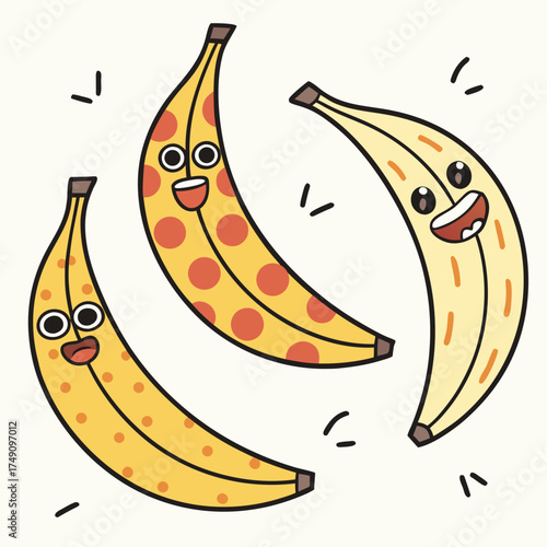 Three cheerful bananas with unique patterns