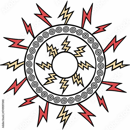 Sun with lightning bolts radiating outward