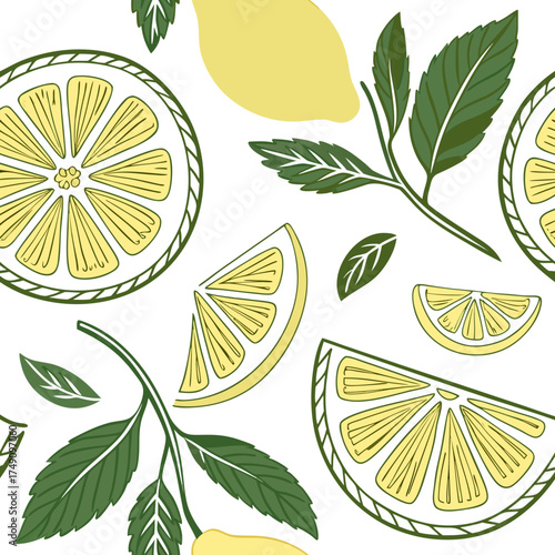 Seamless pattern of lemon slices and leaves