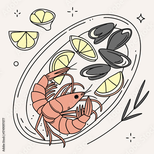 Seafood platter with shrimp, mussels, and lemon slices