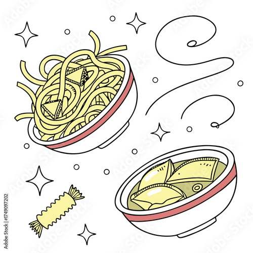 Illustration of two bowls of pasta and ravioli