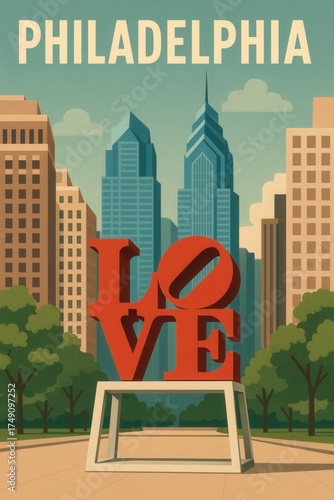 Vintage-style travel poster of Philadelphia showing the famous LOVE sculpture in the foreground with a backdrop of skyscrapers, trees, and blue sky