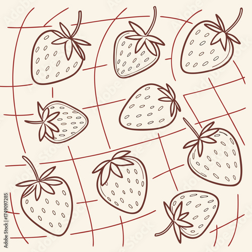 Illustration of fresh strawberries on a grid background in light brown color