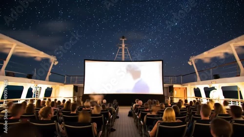Outdoor cinema on a cruise ship deck at night under a starry sky